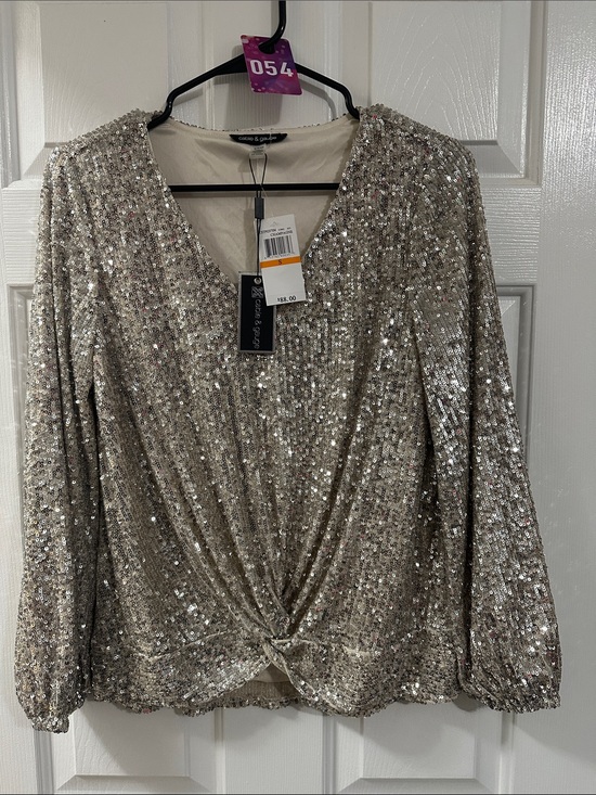 Cable & Gauge Tops - Cable & Gauge Champagne Sequin Twist-Front V-Neck Blouse